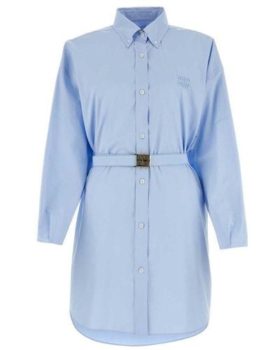 Miu Miu Long-sleeved Poplin Shirt Dress - Blue