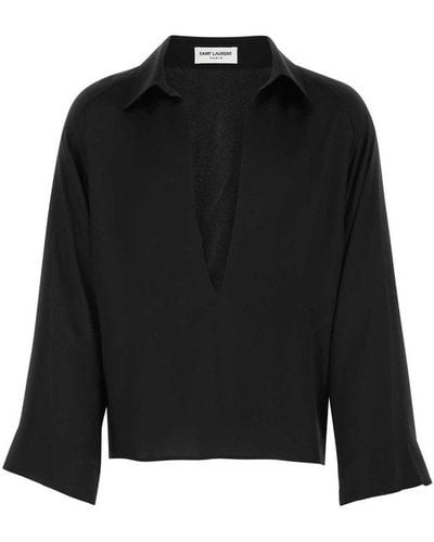 Saint Laurent V-neck Long-sleeved Shirt - Black