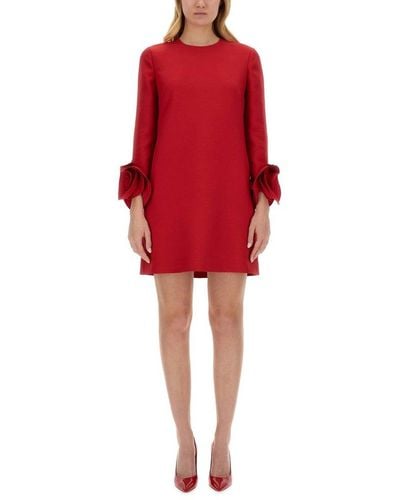 Valentino Crepe Couture Crewneck Long-sleeved Dress - Red