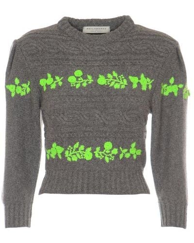 Philosophy Di Lorenzo Serafini Floral-embroidered Crewneck Sweater - Green