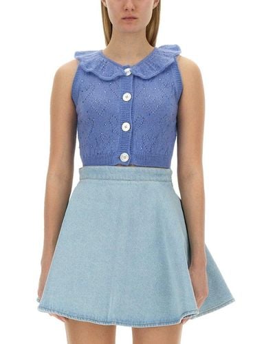 Alessandra Rich Ruffled-neck Cropped Knitted Sleeveless Top - Blue