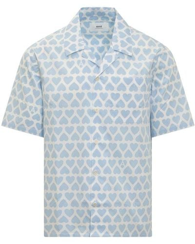 Ami Paris Paris Heart-printed Short-sleeved Buttoned Shirt - Blue