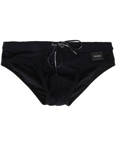Dolce & Gabbana Swim Briefs With High-cut Leg And Branded Metal Plate - Black