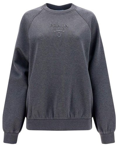 Prada Logo Embossed Crewneck Sweatshirt - Grey