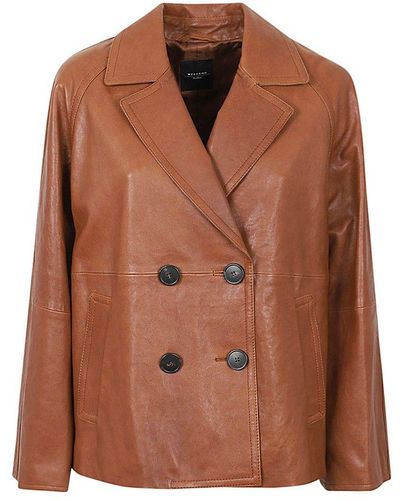 Weekend by Maxmara Double-breasted Leather Pea Coat - Brown