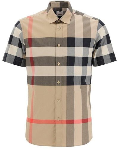 Burberry Short-sleeve Check Stretch Cotton Poplin Shirt - Brown