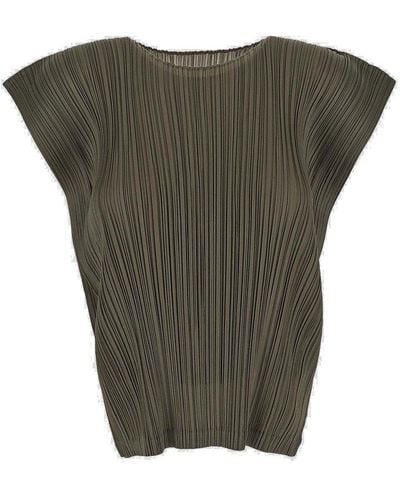 Pleats Please Issey Miyake Cap-sleeved Pleated Blouse - Green