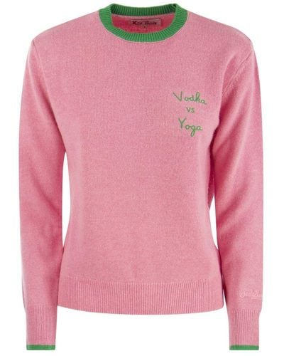 Mc2 Saint Barth Wool And Cashmere Blend Jumper With Vodka Vs Yoga Embroidery - Pink