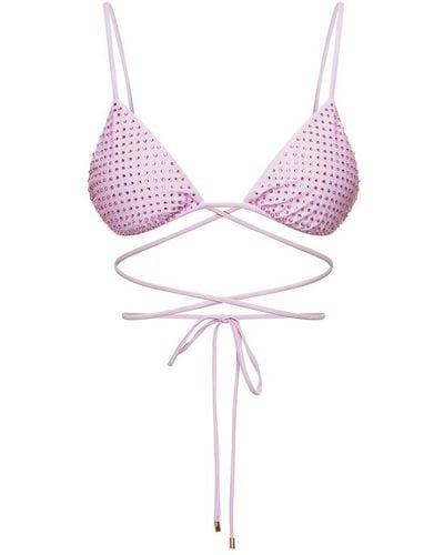 Self-Portrait Triangle Bikini Top With All-over Crystal Embellishement In Lilac Polyammide - Pink