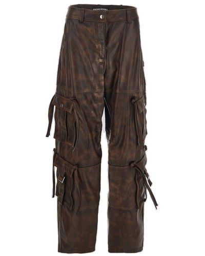 ANDREA ADAMO Mid-rise Cargo Faded Leather Trousers - Brown
