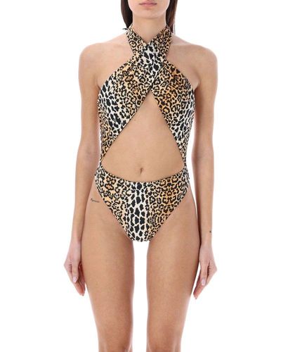 Reina Olga Leopard Print Halter-neck Swimsuit - White