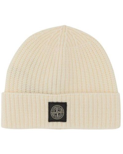 Stone Island Logo Patch Knitted Beanie - Natural