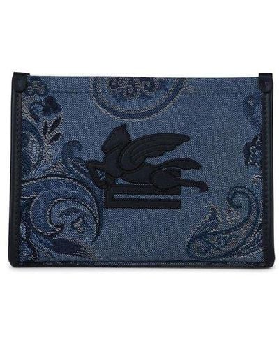 Etro Blue Logo Embroidered Jacquard Clutch Bag