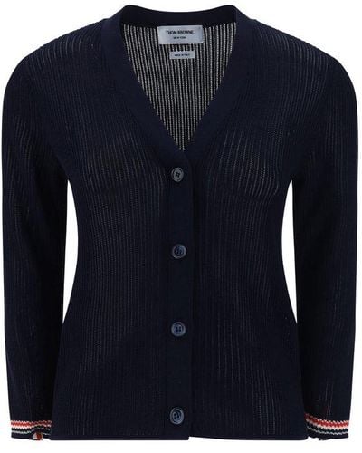 Thom Browne Pointelle-knit Rwb Stripe Buttoned Cardigan - Blue