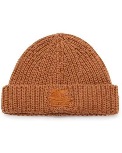 Etro Beige Wool Logo Beanie Hat - Brown