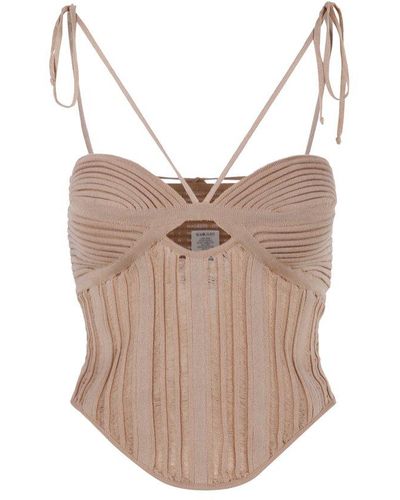 ANDREA ADAMO Ribbed-knit Cut-out Corset-style Top - Natural