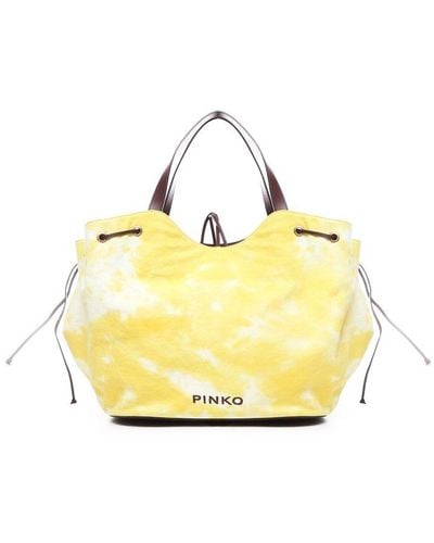 Pinko Logo Printed Drawstring Tote Bag - Yellow