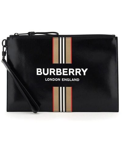 Burberry Logo And Icon Stripe Print Zip Pouch Bag - Black