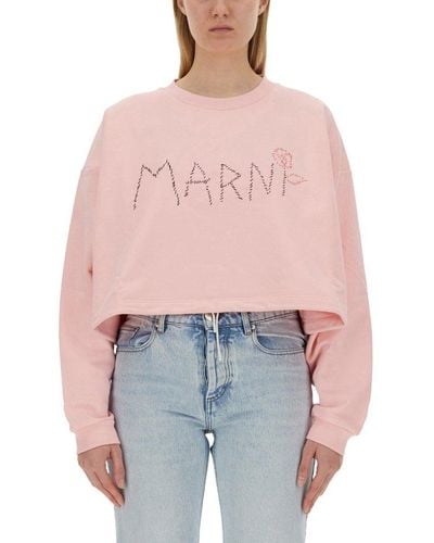 Marni Logo Detailed Cropped Sweatshirt - Pink