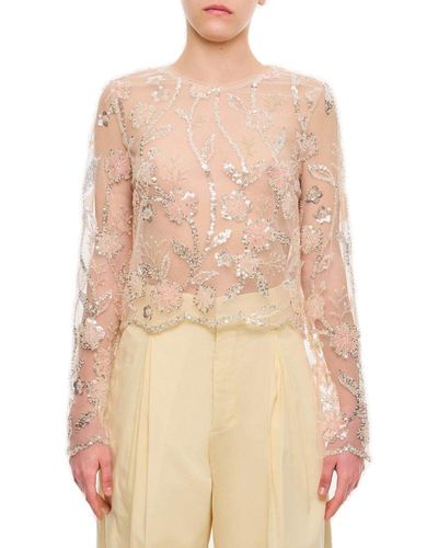 Self-Portrait Floral Motif Sequinned Sheer Mesh Blouse - Natural