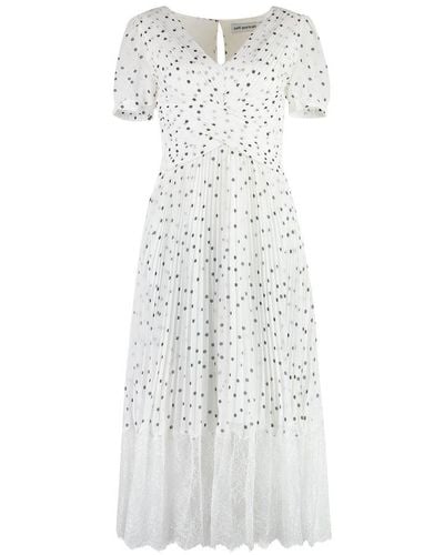 Self-Portrait Polka Dot Printed V-neck Pleated Dress - White