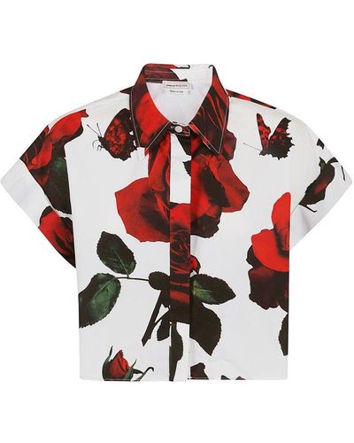 Alexander McQueen Rose-printed Short Sleeved Cropped Shirt - Red