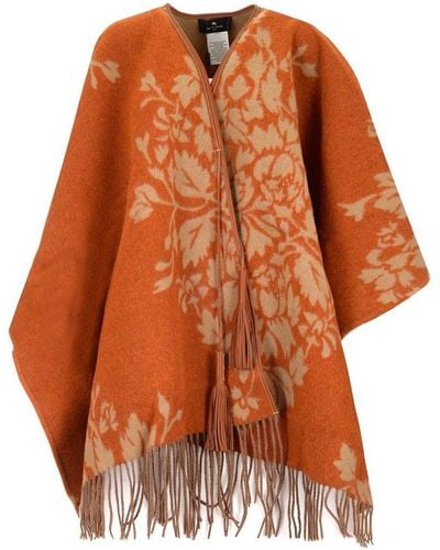 Etro Leaf Pattern Knitted Poncho - Orange