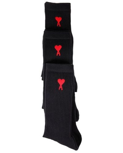 Ami Paris Logo Embroidered Pack Of Three Socks - Black