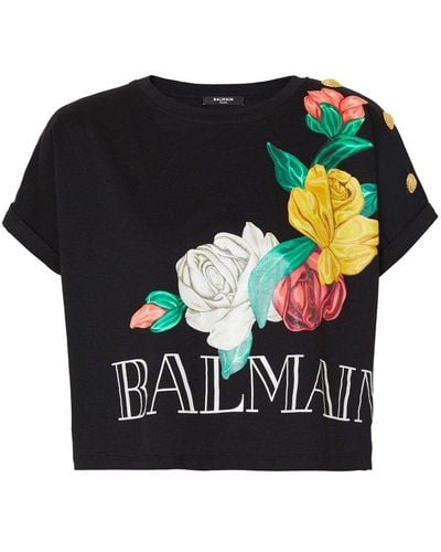 Balmain Floral Printed Cropped T-shirt - Black