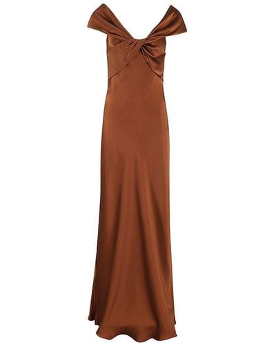 Alberta Ferretti Bow Detailed Flared Maxi Satin Dress - Brown