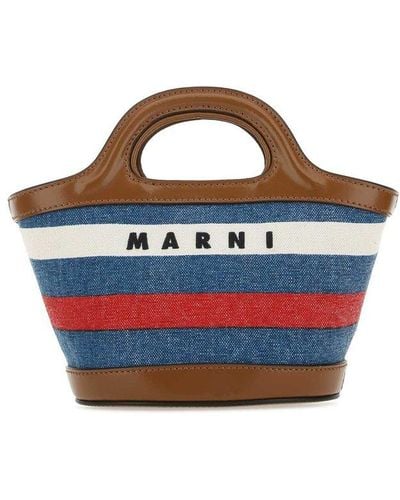 Marni Tropicalia Logo Embroidered Striped Tote Bag - Blue