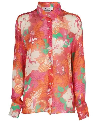 MSGM Floral Print Collared Button-up Shirt - Pink
