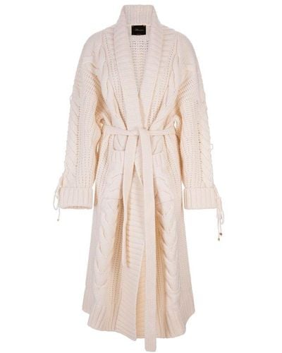 Blumarine Long Coat In White Wool Knit With Stitch Mix