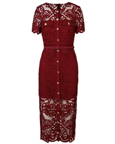 Self-Portrait Laced Belted Midi Dress - Red