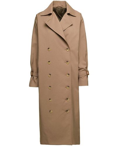 Totême 'signature' Long Camel Brown Trench Coat With Belted Cuffs In Cotton Blend - Natural