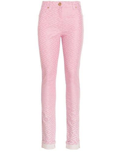 Versace La Greca Logo Patch High Waist Jeans - Pink