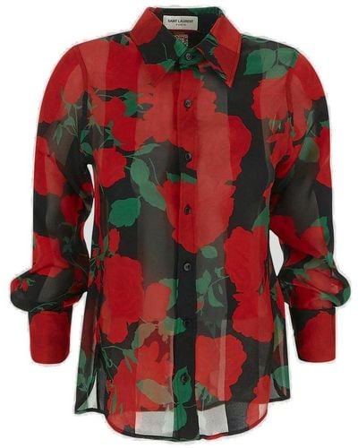 Saint Laurent Floral Printed Long-sleeved Shirt - Red