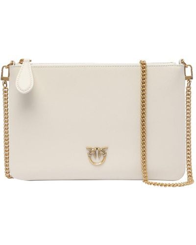 Pinko Logo Plaque Chain-linked Clutch Bag - Natural