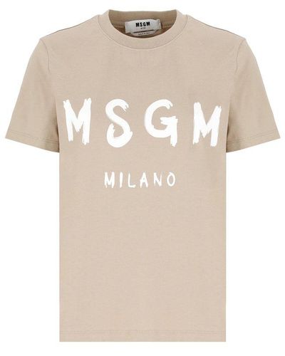 MSGM Logo Printed Crewneck T-shirt - Natural