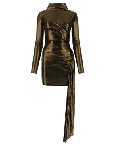 Blumarine Draped Metallic Long-sleeved Asymmetric Dress - Black