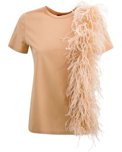 Max Mara Studio Jersey T-Shirt With Feathers - Natural
