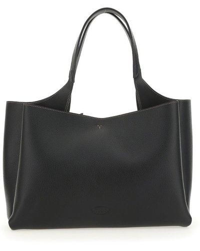 Tod's Toujours Media Tote Black Coated Canvas & Tan Leather Large Shoulder Bag