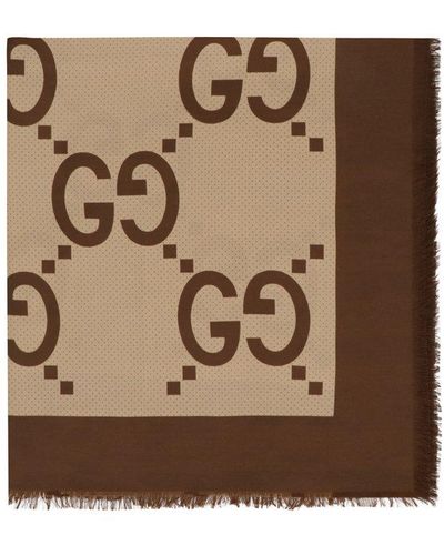 Gucci Jacquard Shawl With Frayed Edges - Brown