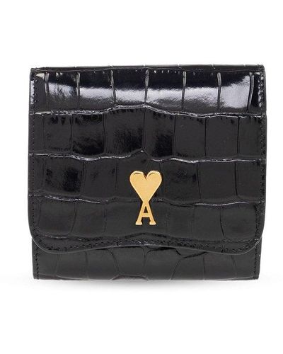 Ami Paris Leather Wallet With Logo, - Black