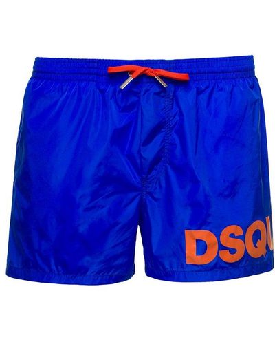 DSquared² Blue Swim Trunks With Logo Print In Polyammide Man