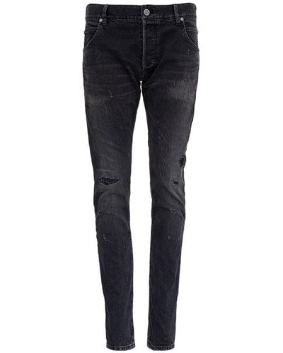 Balmain Denim Jeans With Ripped Detail - Blue