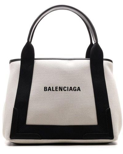 Balenciaga Navy Cabas Small Leather-trimmed Printed Canvas Tote - White