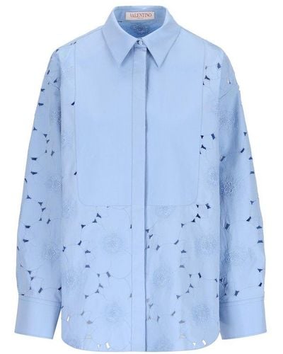 Valentino Floral Embroidered Long-sleeved Shirt - Blue