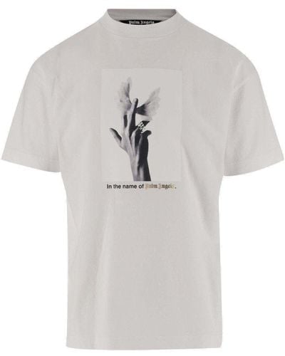 Palm Angels Wings Logo Printed Crewneck T-shirt - Gray