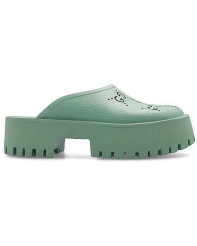 Gucci Perforated GG Round Toe Platform Mules - Green